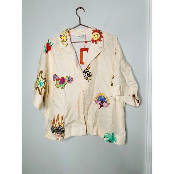 RHODE Off-White Graphic Whimsical Patches Front Button Collared Nola Top Size L - Picture 5 of 16